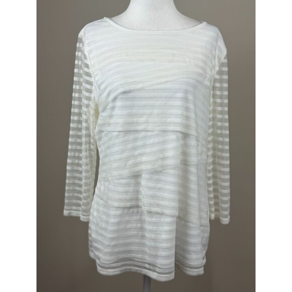 Dana Buchman L White Layered Mesh Stripe Top Sheer Blouse Long Sleeve Stretch - Picture 1 of 10